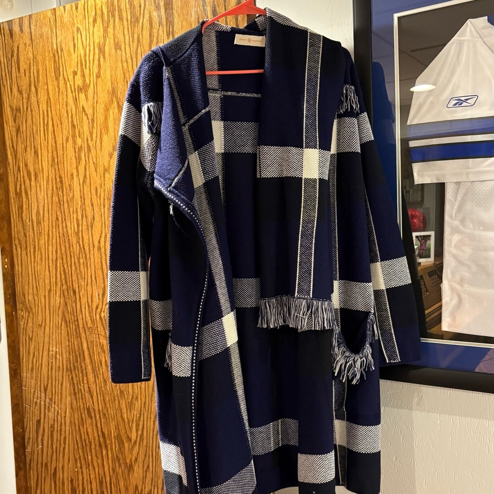 Tory Burch Navy and Cream Plaid Cape
